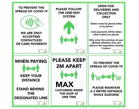 6 Examples of Covid-19 posters asking customers to stay 2m apart and pay using contactless