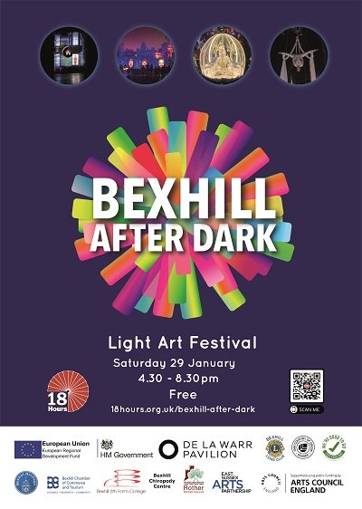 Bexhill After Dark poster showing 4 photos of Bexhill, the logos of the organisers and the date and time (Saturday 29th January 16:30 - 20:30) and that the event is free