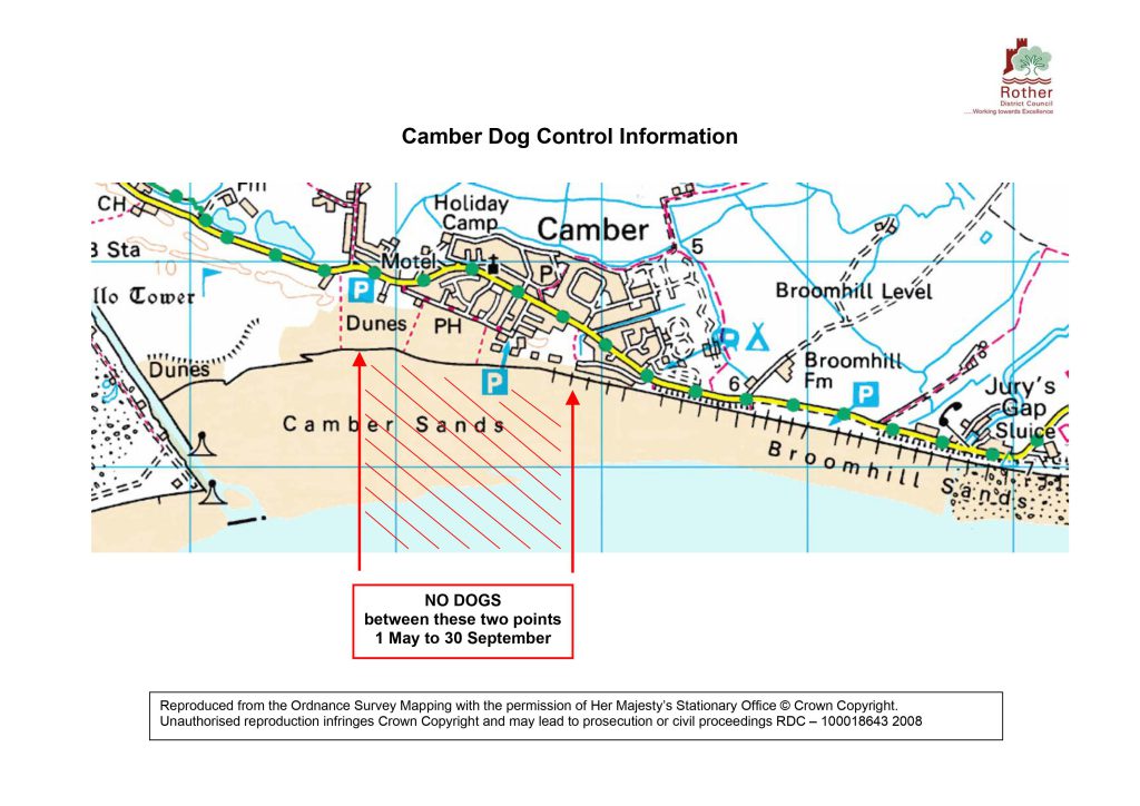 Image displaying the zoned area within Camber Sands where dogs are not permitted between 1st May and 30th September