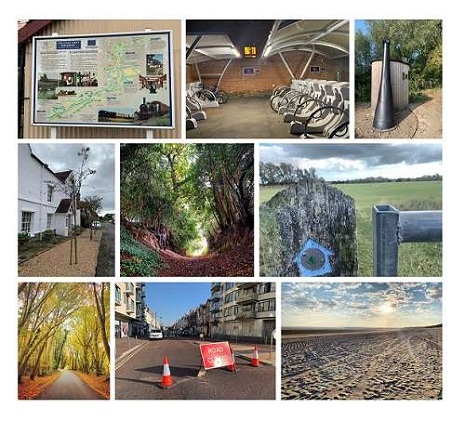 9 photos from around the Rother District, including a beach, parked bicycles, woods and a footpath