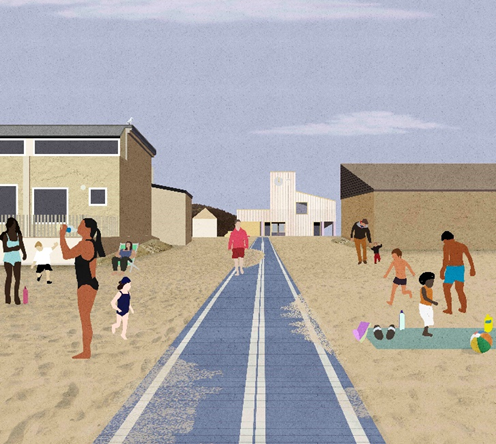 A sketch of the proposed extension with buildings on either side of a sandy path and people enjoying the beach