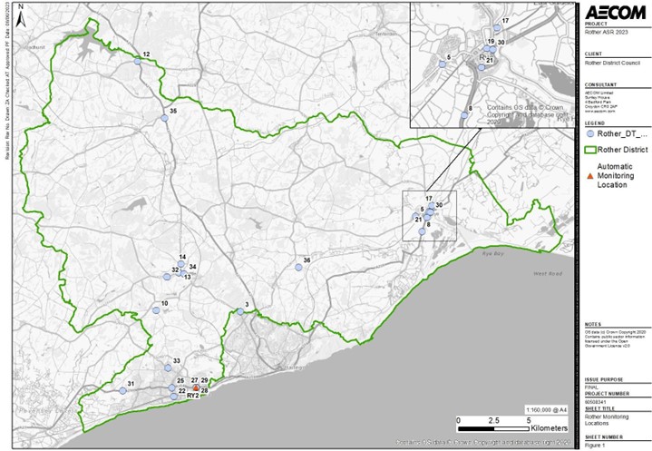 Rother District Council Ordinance Survey Map of Air quality monitoring locations. Sites are located in and around Battle, Bexhill, Rye, Hurst Green and Broad Oak 