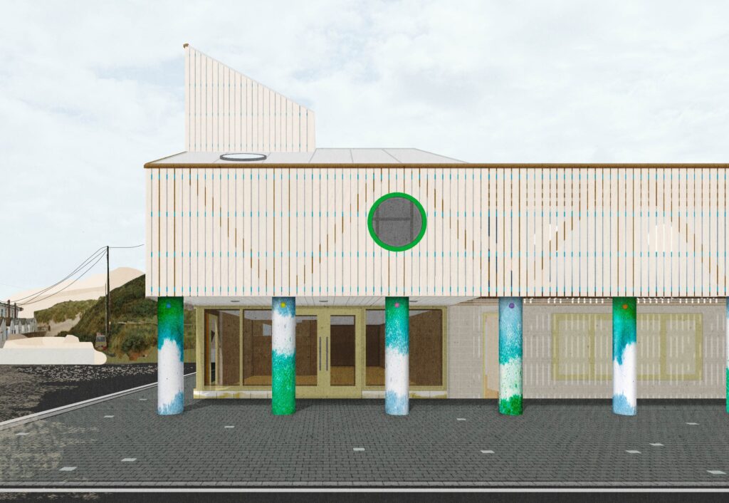 Visual impression of the external of the building centred on the proposed kiosk. Image shows timber cladding with round window and green window frame, the columns are coloured blue and green to mimic sea flora and fauna.