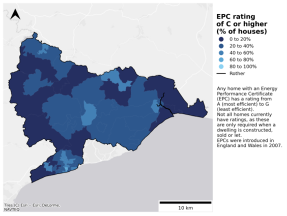 Figure 11 - Map depicting percentage of houses within the District with an EPC rating of C or higher
