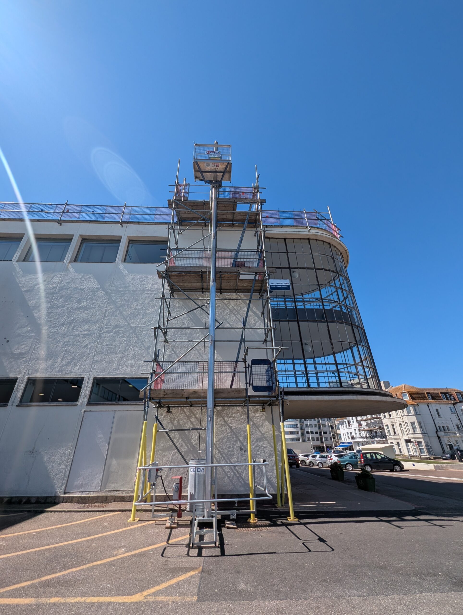 Photo of scaffolding on the side of the De La Warr Pavilion