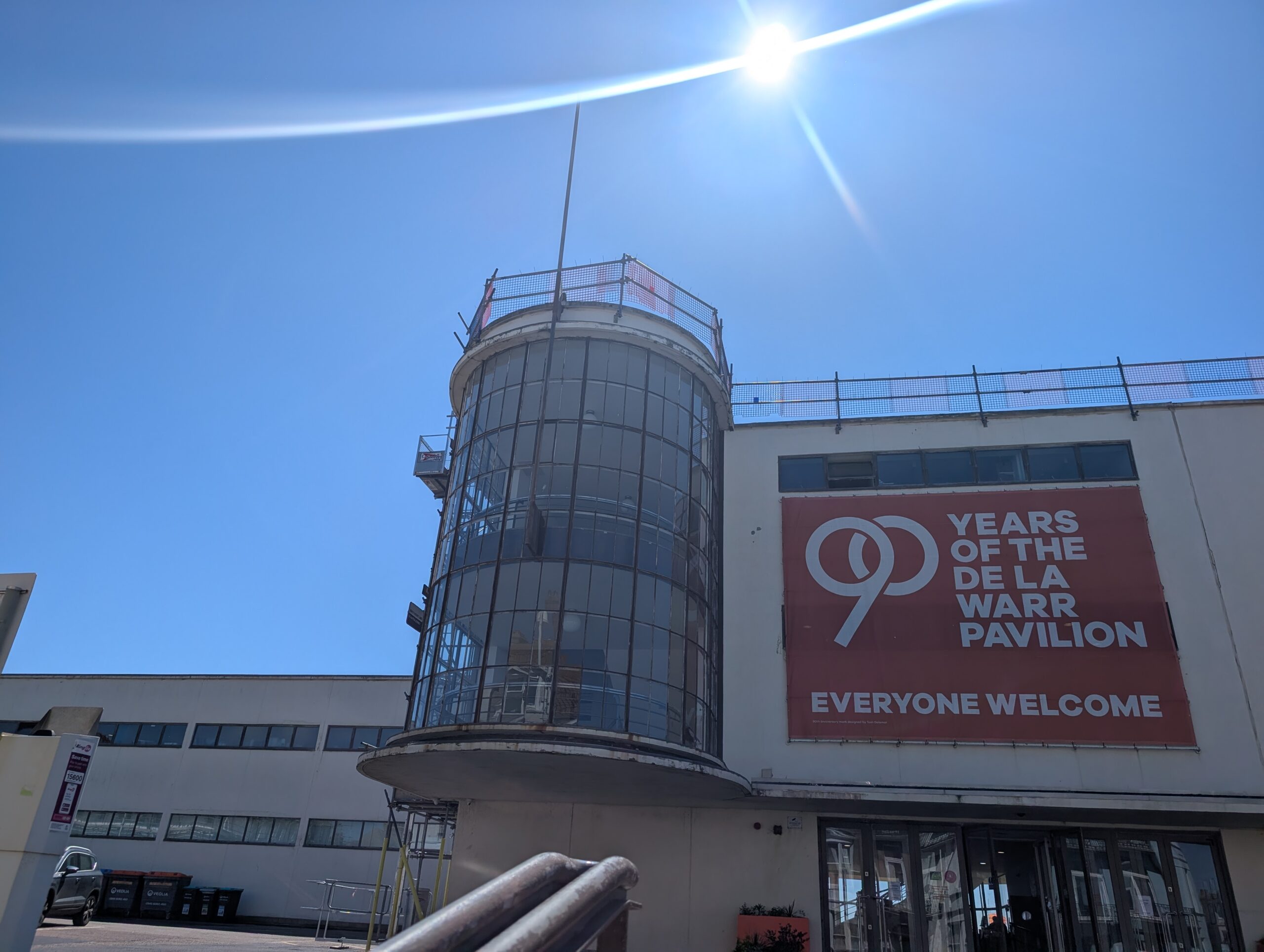 Photo of scaffolding on the roof of the De La Warr Pavilion