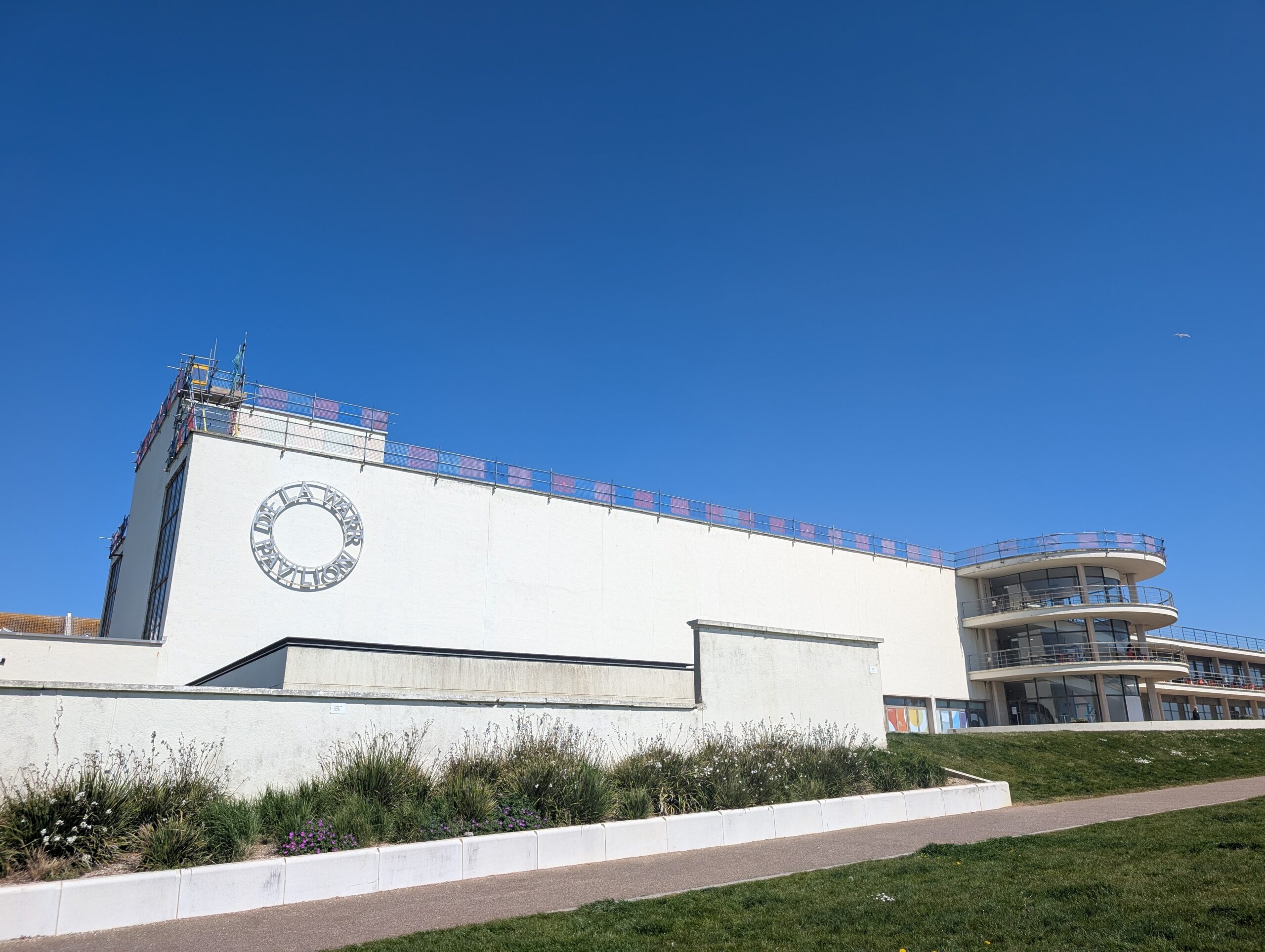Photo of scaffolding on the roof of the De La Warr Pavilion