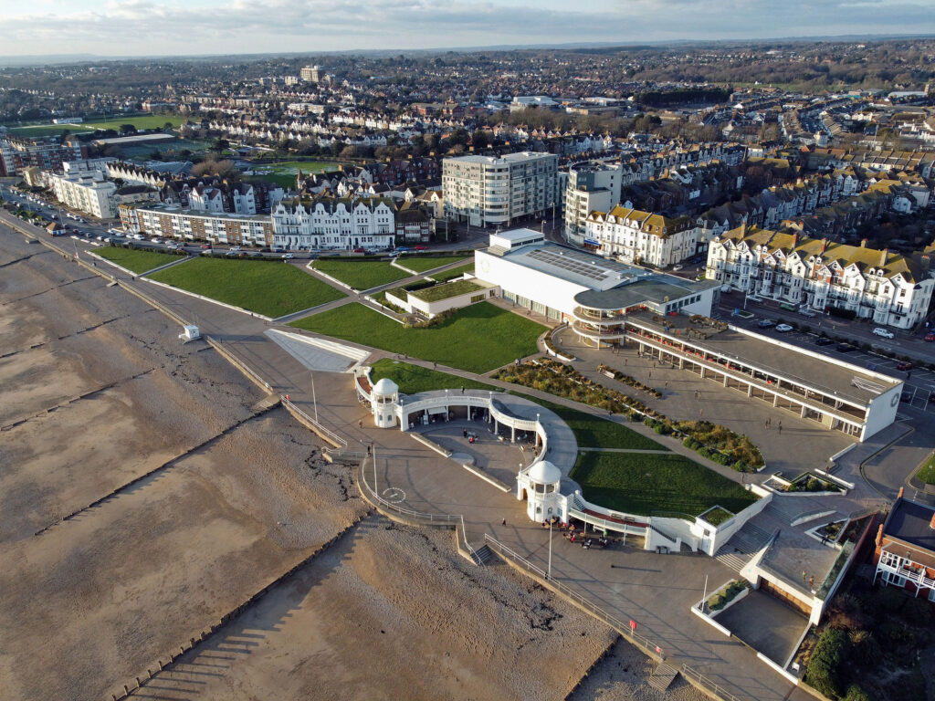 External aerial view of De La Warr Pavilion and beach front