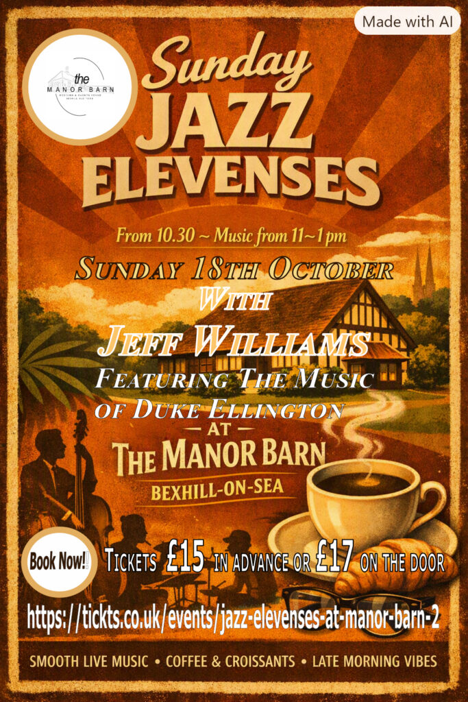 Poster for the Jazz Elevenses Event at Manor Barn on Sunday 18th Octover